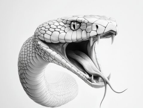 realistic pencil drawing of a snake with open mouth and forked tongue