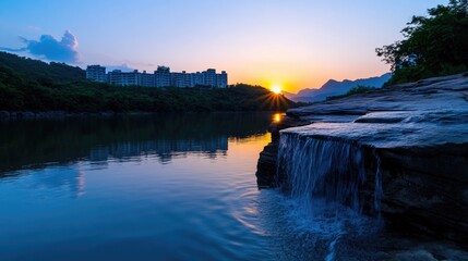Sunset over lake, waterfall, building reflection