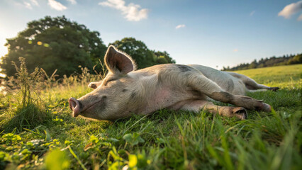 Fototapeta premium A pig grazing in a lush green pasture
