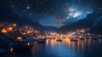 A coastal town at night, featuring a starry sky above and a tranquil sea with moored boats, illuminated by the towns warm lights - generated by ai. Starry Haven. Illustration