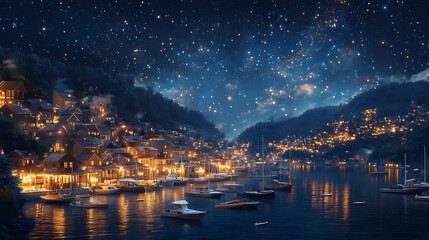 A coastal town at night, featuring a starry sky above and a tranquil sea with moored boats, illuminated by the towns warm lights - generated by ai. Starry Haven. Illustration