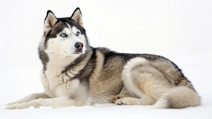 Obraz premium A Siberian Husky lying on a white background, looking directly at the camera