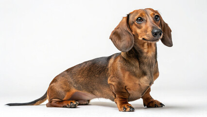 A Dachshund sitting on a white background, looking up with its tongue out