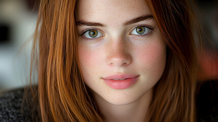 Naklejka premium Redhead woman portrait, indoor cafe background, close-up