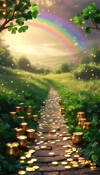 Saint Patricks day product display podium background, Clover Pathway, shamrocks, pathway, pots of gold coins, soft rainbow arching across lush green landscape, subtle golden light accents, ad, podium 