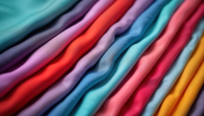 Colorful fabric texture closeup view. Light satin material in various vibrant colors. Soft folds, creases. High quality fabric. Smooth surface. Fabric collection. Ideal for fashion design, textile