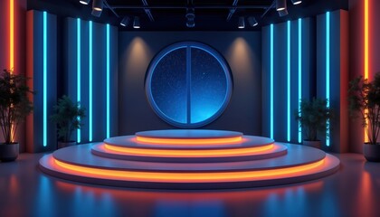 Virtual studio background ideal for night talk shows. Modern 3D render features multilevel stage with neon lighting. Night sky visible through circular window in backdrop. Suitable for online