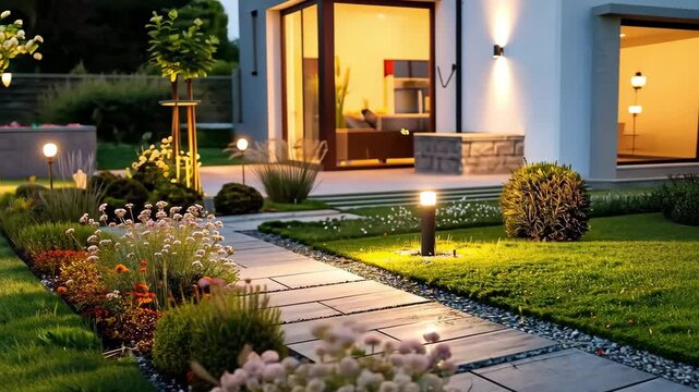 A tranquil garden pathway is lined with colorful flowers and softly glowing lights, leading to a welcoming home. The ambiance creates a serene evening atmosphere.