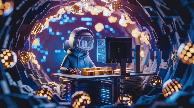 A futuristic astronaut mines cryptocurrency in a neon-lit digital tunnel, surrounded by glowing orbs.