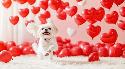 A cute white puppy runs among red heart-shaped balloons on a white carpet in a room with pink walls. Symbolism of Valentine's Day.