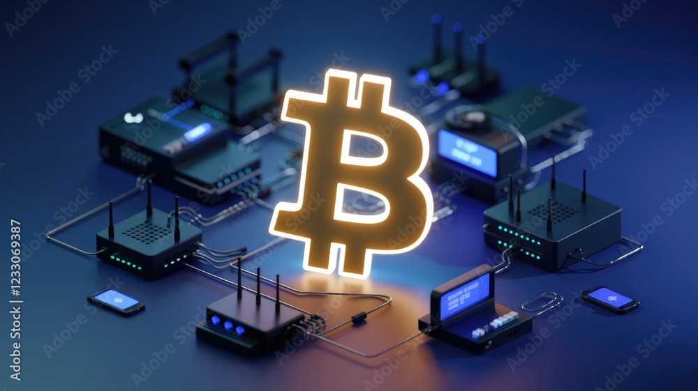 Aufkleber Bitcoin's decentralized network visualized with glowing Bitcoin symbol surrounded by interconnected network devices.