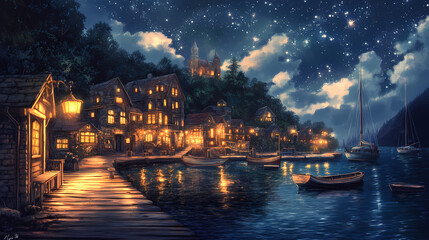 peaceful cinematic nighttime harbor town