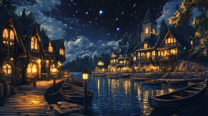 peaceful cinematic nighttime harbor town