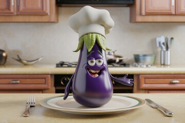 A cheerful eggplant chef, wearing a toque, stands proudly on a plate in a kitchen setting.