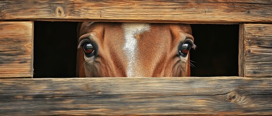 Horse peering through wooden fence with curious expression, representing animal farm life, rural settings, and connection between humans and nature.