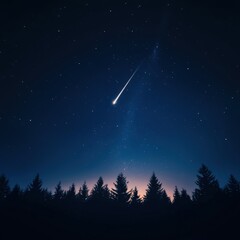 Naklejka premium shooting star streaks across a dark night sky over a silhouetted forest