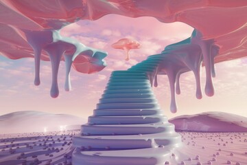 Naklejka premium Surreal pastel landscape with a staircase to heaven, dripping paint, and mushroom clouds.