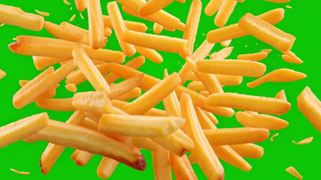 Golden-brown french fries are mid-air, suspended with a few pieces scattering, creating an exciting moment of fried food joy against a green screen backdrop perfect for food enthusiasts.