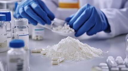 Laboratory research on pharmaceutical ingredients with powdered compounds and pills, showcasing scientists in blue gloves analyzing drug formulation and dosage.