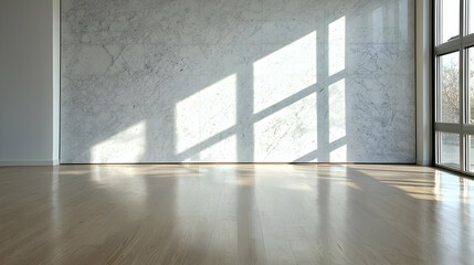 Obraz premium Sunlit empty room, marble wall, hardwood floor, window view
