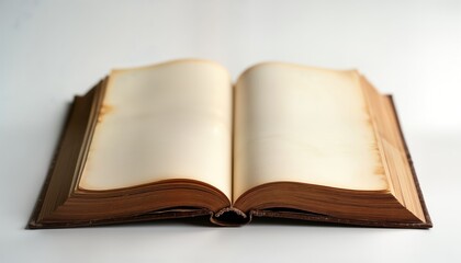 Obraz premium Antique book lies open on plain background. Blank pages, brown cover visible. Represents knowledge, education, reading. Classic object suggests studying, learning, researching. Image evokes old
