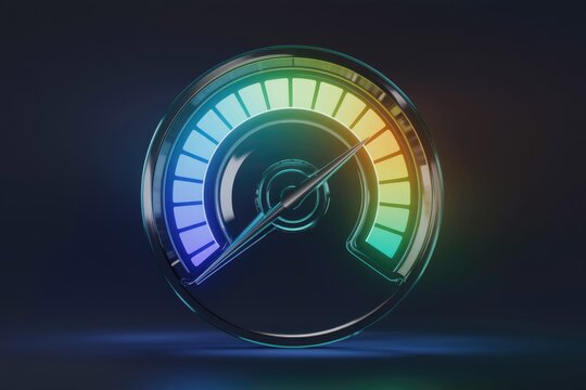 A futuristic glass speedometer with a needle pointing towards high performance, glowing with vibrant colors.