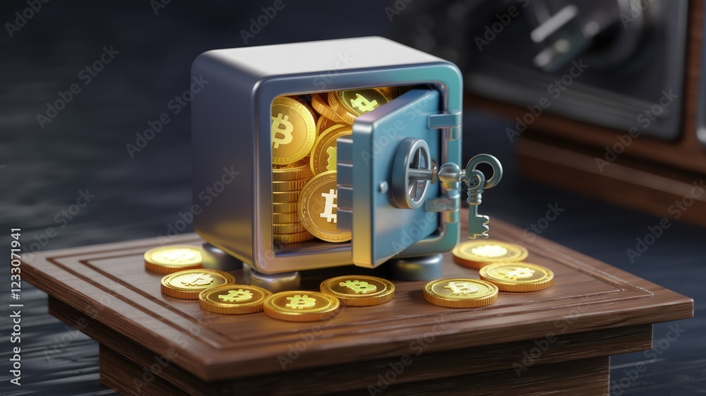 Poster a miniature safe overflowing with golden bitcoin coins, symbolizing cryptocurrency security and weal