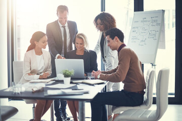 People, accountant and meeting on laptop in office of finance growth, research and investment report. Staff, digital and reading email with corporate policy, bank funding and ideas of proposal update