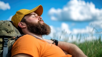 Man enjoying nature while resting outdoors with backpack in a green field under blue sky, promoting relaxation, adventure, and outdoor exploration concept.