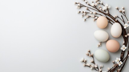Pastel easter eggs with blossoms on minimalist white background