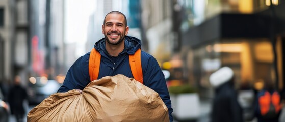 Fototapeta premium Man in urban setting carrying large bag, showcasing street lifestyle and community engagement. Focus on delivery, logistics, and city life.