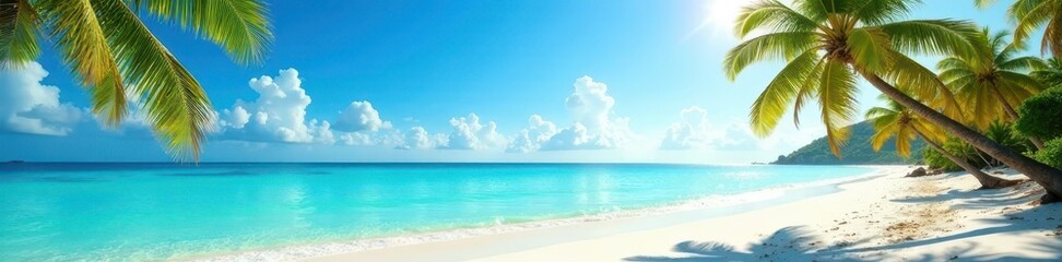 Fototapeta premium Sun-drenched beach, turquoise water, palm trees, discovery, sand