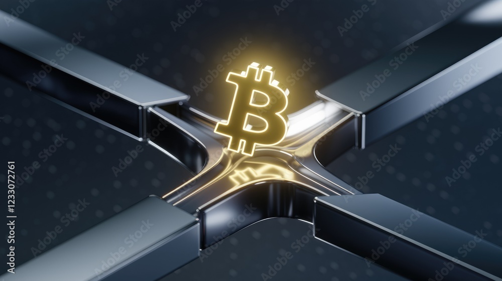 Aufkleber Glowing Bitcoin symbol at the intersection of metallic structures, symbolizing cryptocurrency's interconnectedness.