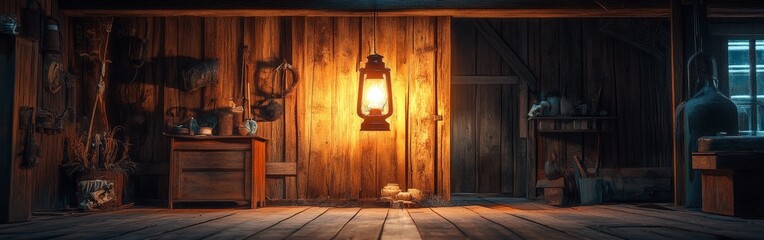 A warm, rustic barn with glowing lantern light, evoking nostalgia, rural charm, and a sense of tranquility.