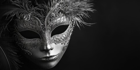 An elegant Venetian mask with gold details and black feathers, isolated on a dark background. Suitable for theater or artistic projects.