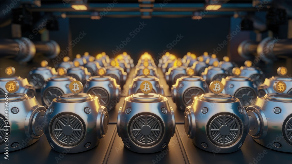 Aufkleber rows of futuristic bitcoin mining machines in a dark industrial setting.