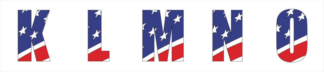 Vector font on background 
of national flag of usa.
A set of letters of english alphabet KLMNO with
american pattern of stars and stripes for
clothing, fabric, textile, paper, inscription on t-shirt.
