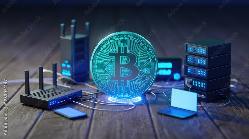 Poster bitcoin cryptocurrency network visualized with servers, routers, and a glowing bitcoin.