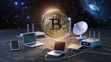 Bitcoin cryptocurrency network visualized with laptops, routers, and satellite dish, showcasing global connectivity.
