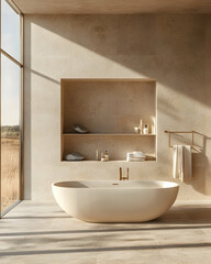 Fototapeta premium Minimalist Luxury Bathroom with Freestanding Tub - Modern Interior Design