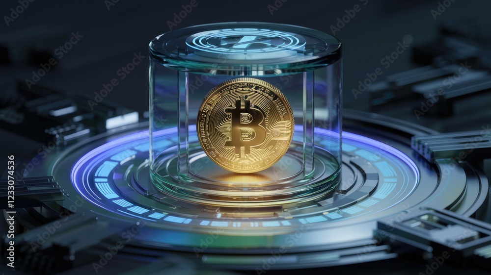 Aufkleber a golden bitcoin rests securely inside a transparent glass cylinder on a futuristic technological pl