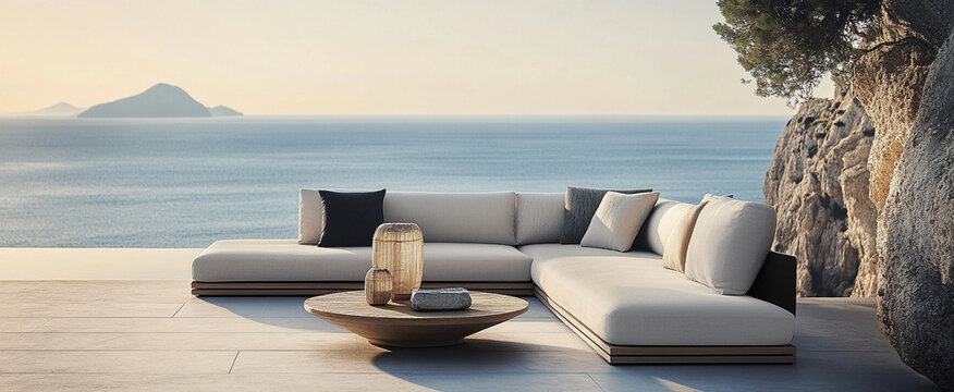 Modern outdoor lounge furniture with stunning ocean view, featuring stylish sectional sofa and round coffee table. Perfect for relaxation and enjoying nature beauty