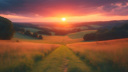 Sunset path, idyllic countryside, vibrant sky, rolling hills, peaceful scene, travel poster