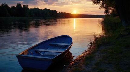 Fototapeta premium Sunset riverboat, tranquil shoreline, idyllic scene, nature photography