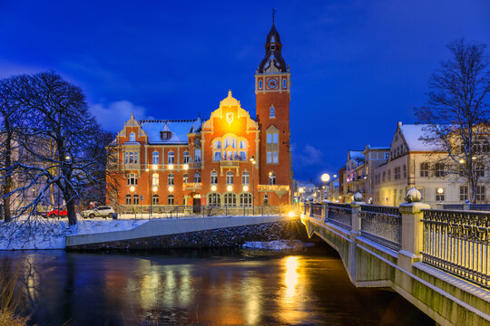 Winter scenery of the city of Slupsk at dusk, Poland.