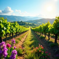 Naklejka premium Vineyard rows blooming wildflowers, sunlit hills, winemaking, wine