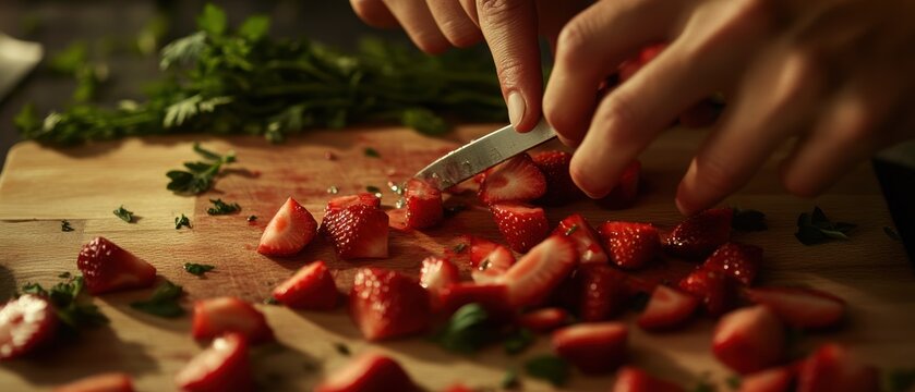 Preparation of fresh strawberries on a wooden cutting board with a knife, showcasing culinary skills for healthy recipes and vibrant dessert creations.