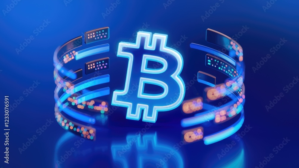 Poster Glowing Bitcoin symbol surrounded by data streams, representing cryptocurrency's digital nature and blockchain technology.