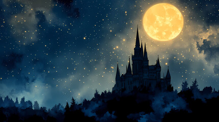 Naklejka premium Majestic castle under a starlit night sky. Starlit Spire. Illustration