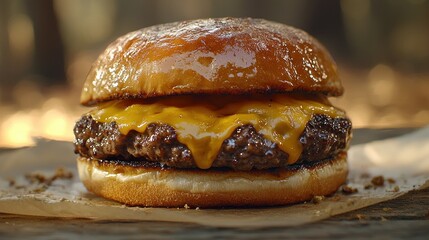 Cheeseburger on bun outdoors with blurry campfire background, ready to eat